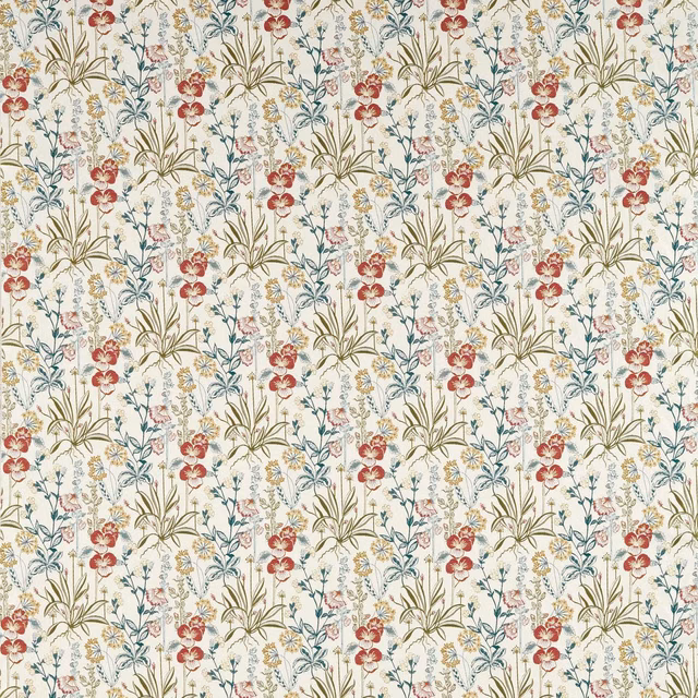 Linen-toned floral fabric with forest grasses, red blooms and blue sprigs