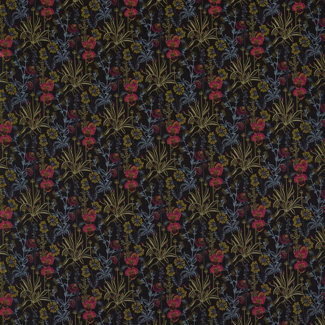 Near-black floral fabric with crimson blooms, blue-grey flowers and ochre stems