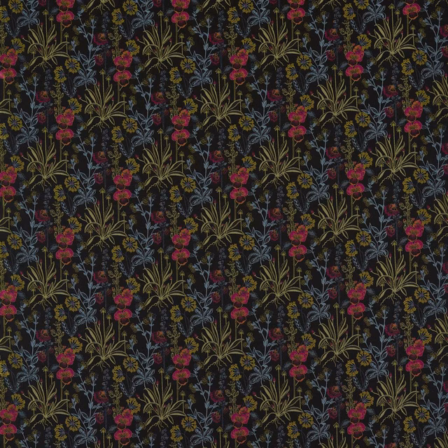 Near-black floral fabric with crimson blooms, blue-grey flowers and ochre stems