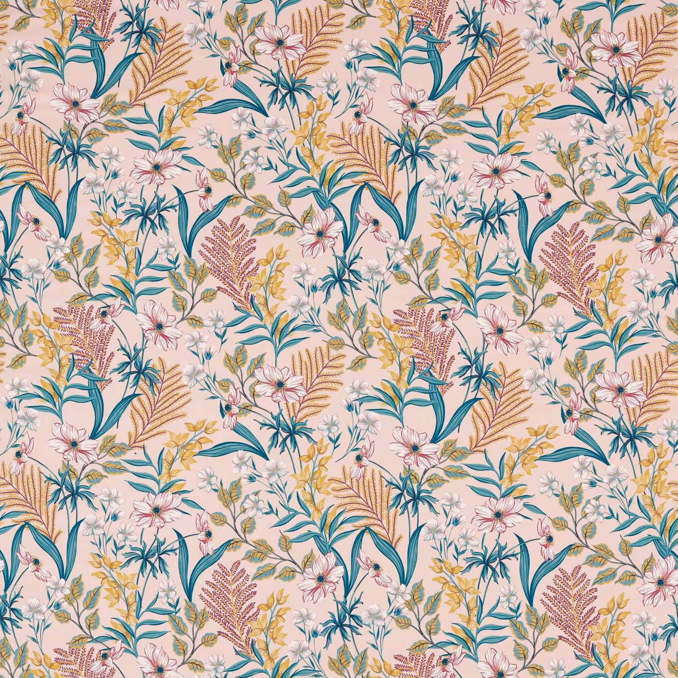 Dusty blush floral fabric with teal leaves, ochre sprays and berry botanical accents