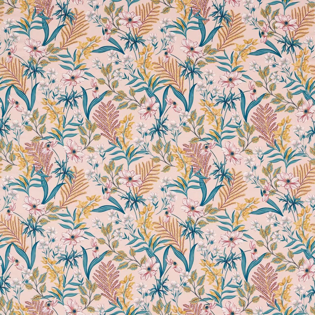 Dusty blush floral fabric with teal leaves, ochre sprays and berry botanical accents