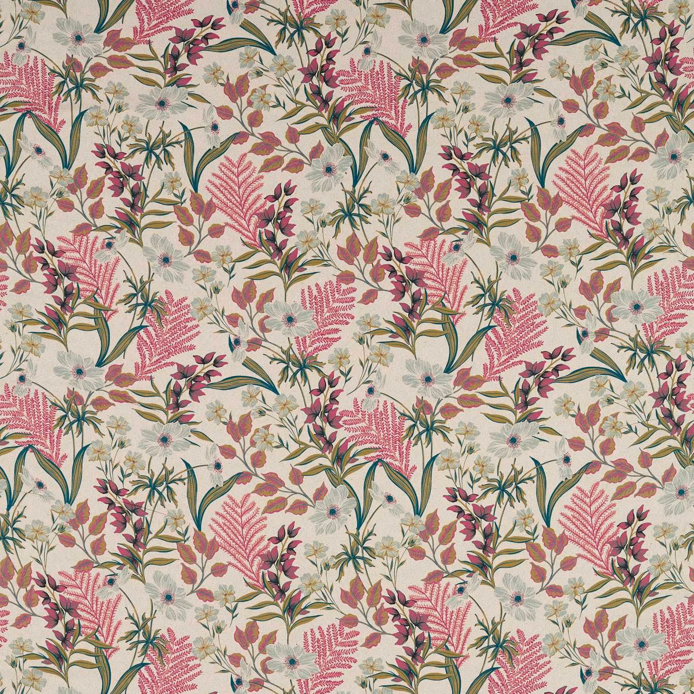 Cream botanical fabric with coral fern fronds, green leaves and burgundy flowers