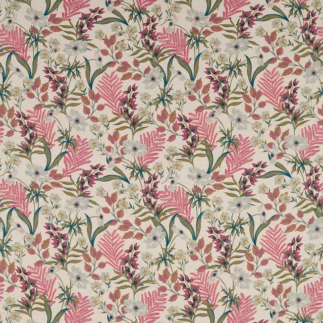 Cream botanical fabric with coral fern fronds, green leaves and burgundy flowers