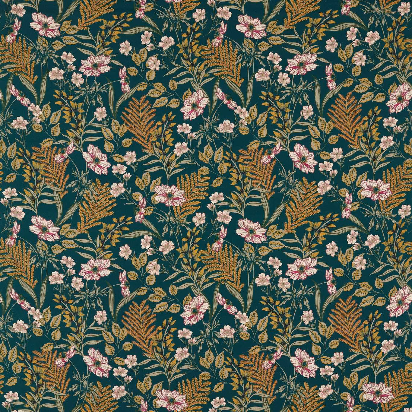 Forest-teal floral fabric with pink flowers, ivory blooms and ochre fern foliage