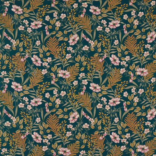 Forest-teal floral fabric with pink flowers, ivory blooms and ochre fern foliage