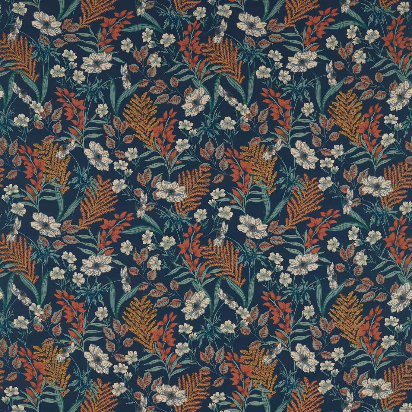 Midnight teal floral fabric with cream blooms, rust foliage and ochre fern motifs