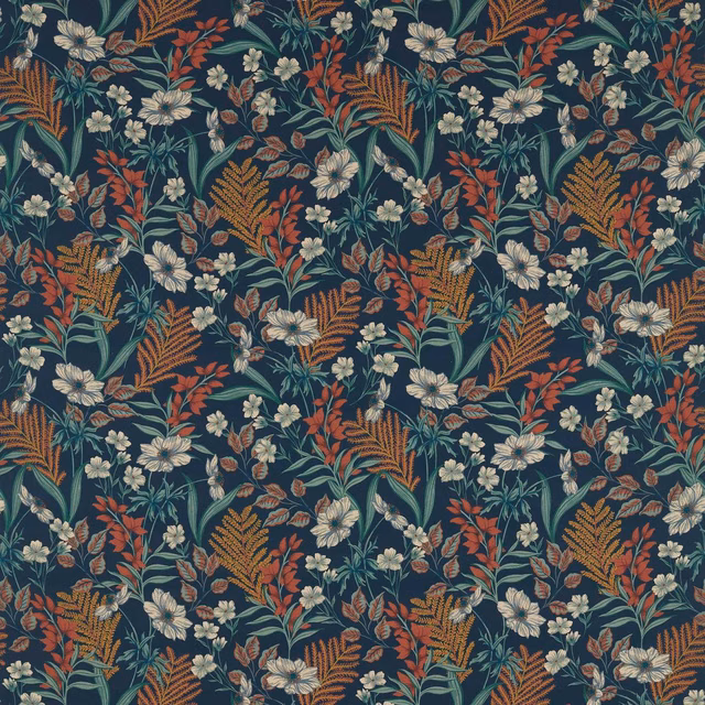 Midnight teal floral fabric with cream blooms, rust foliage and ochre fern motifs