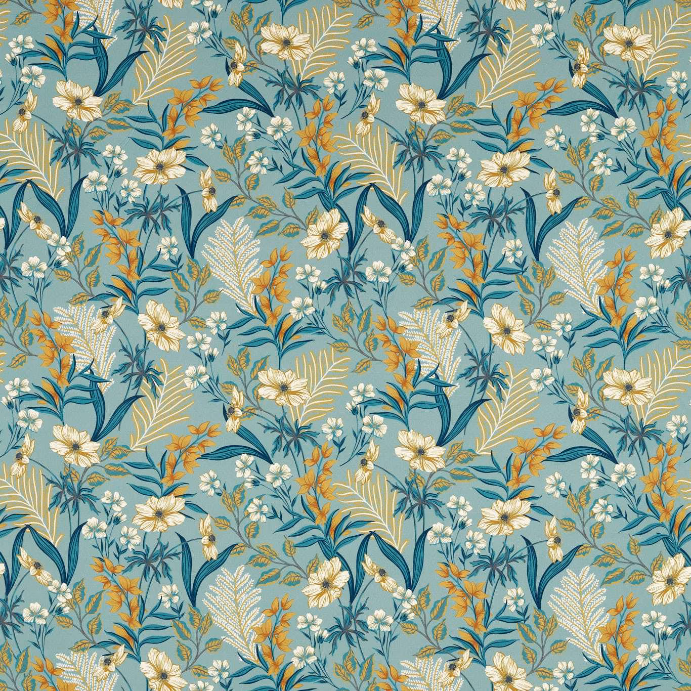 Mineral teal floral ground with cream blooms, ochre sprigs and dark teal foliage