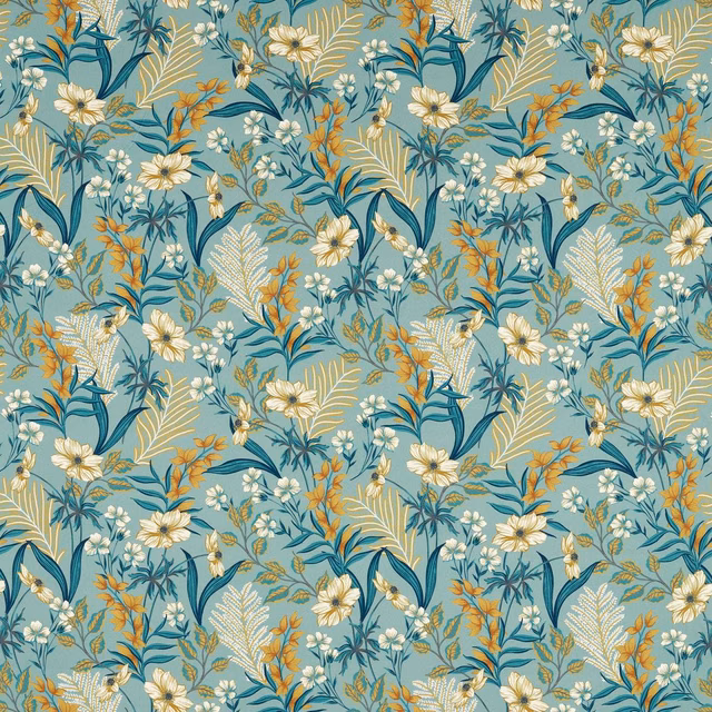 Mineral teal floral ground with cream blooms, ochre sprigs and dark teal foliage