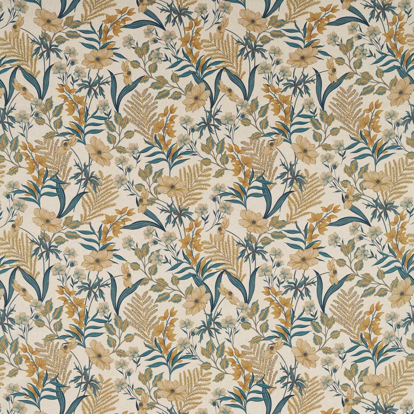 Cream botanical fabric with ochre flowers, fern sprays and deep teal leaves