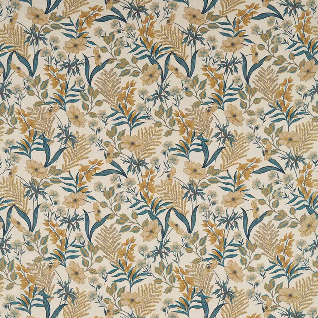 Cream botanical fabric with ochre flowers, fern sprays and deep teal leaves