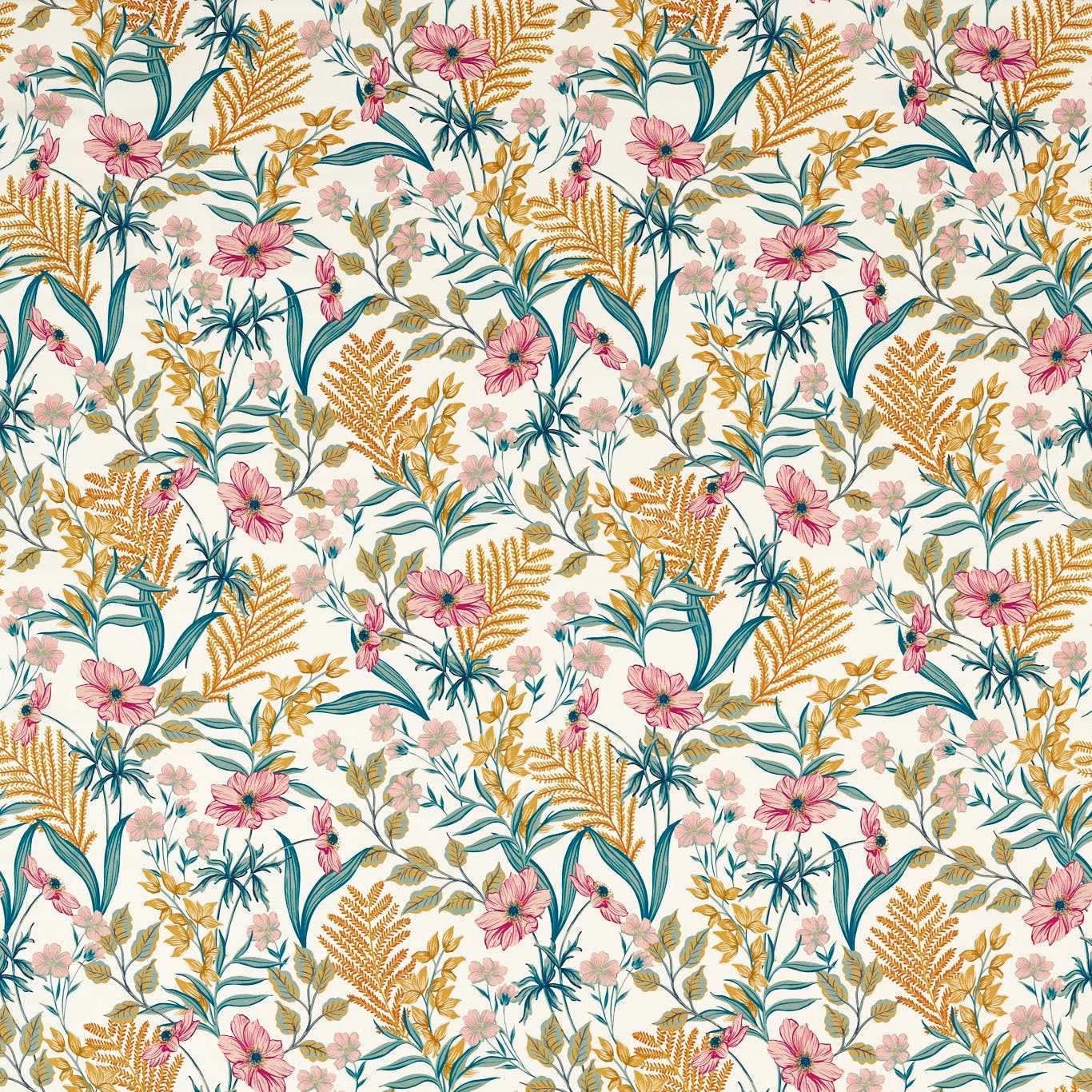 Cream botanical textile with teal foliage, pink flowers and ochre fern sprays