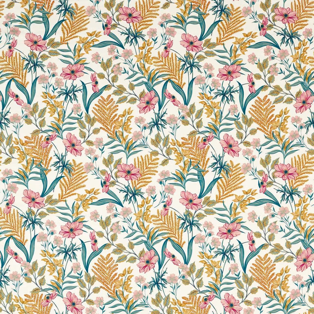Cream botanical textile with teal foliage, pink flowers and ochre fern sprays