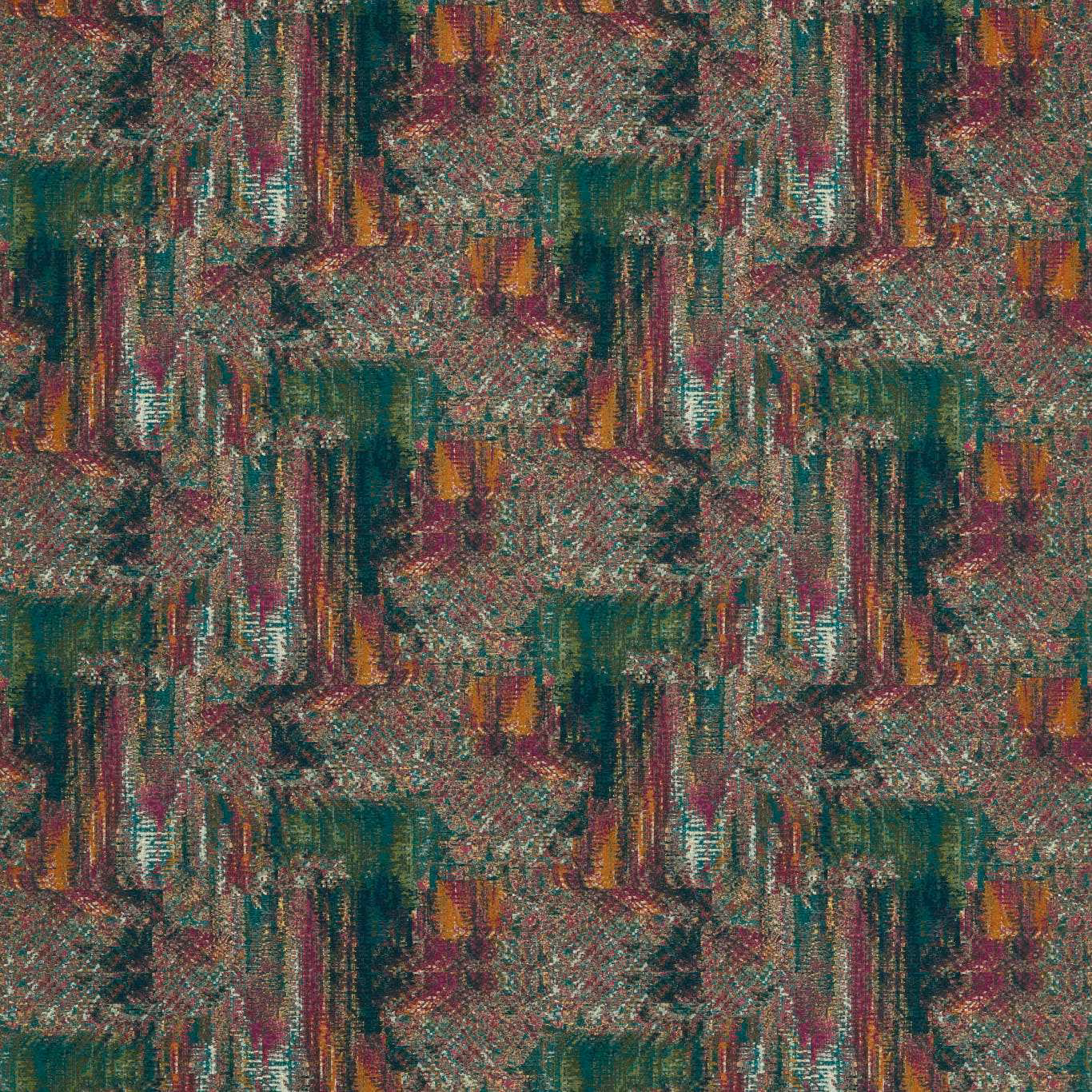 Forest green and raspberry woven fabric with painterly vertical bands and ochre accents