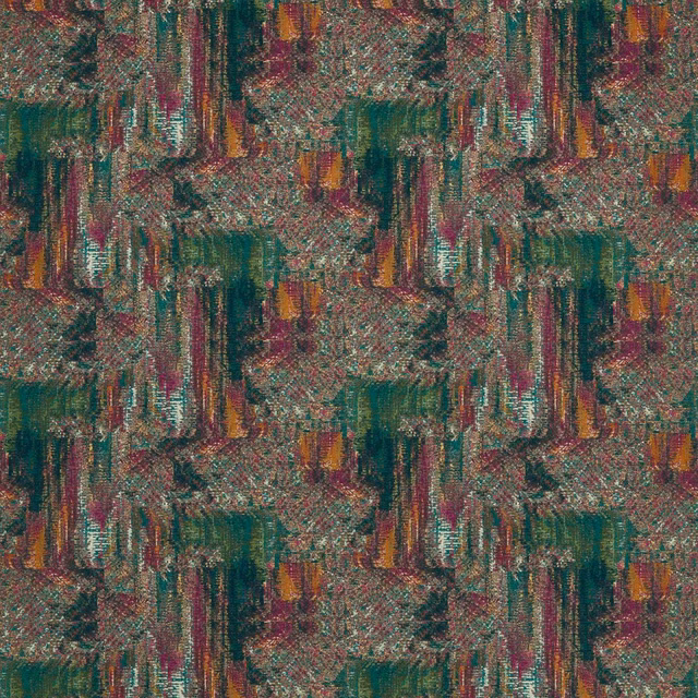 Forest green and raspberry woven fabric with painterly vertical bands and ochre accents