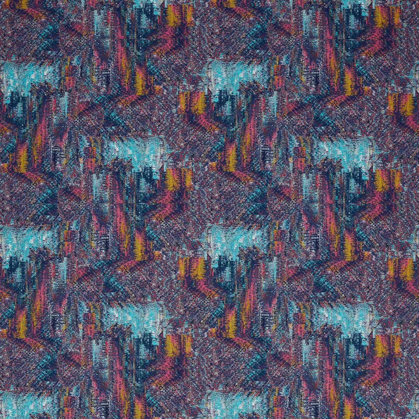 Teal, plum and mustard abstract woven fabric with painterly vertical marks