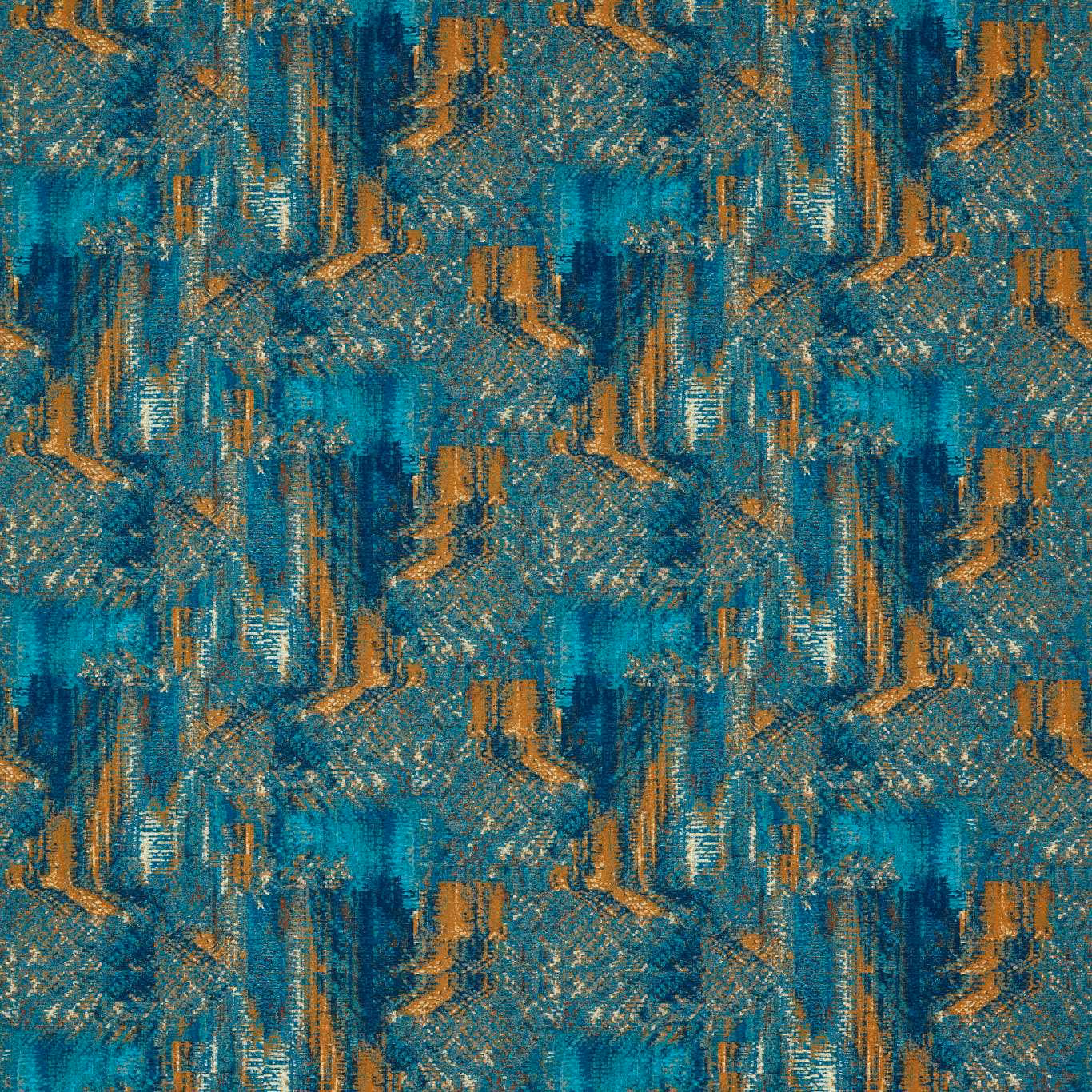 Textured teal and ochre-spice woven fabric with repeating abstract vertical brushstrokes