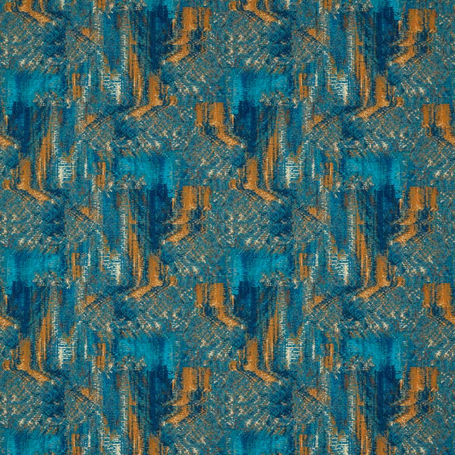 Textured teal and ochre-spice woven fabric with repeating abstract vertical brushstrokes