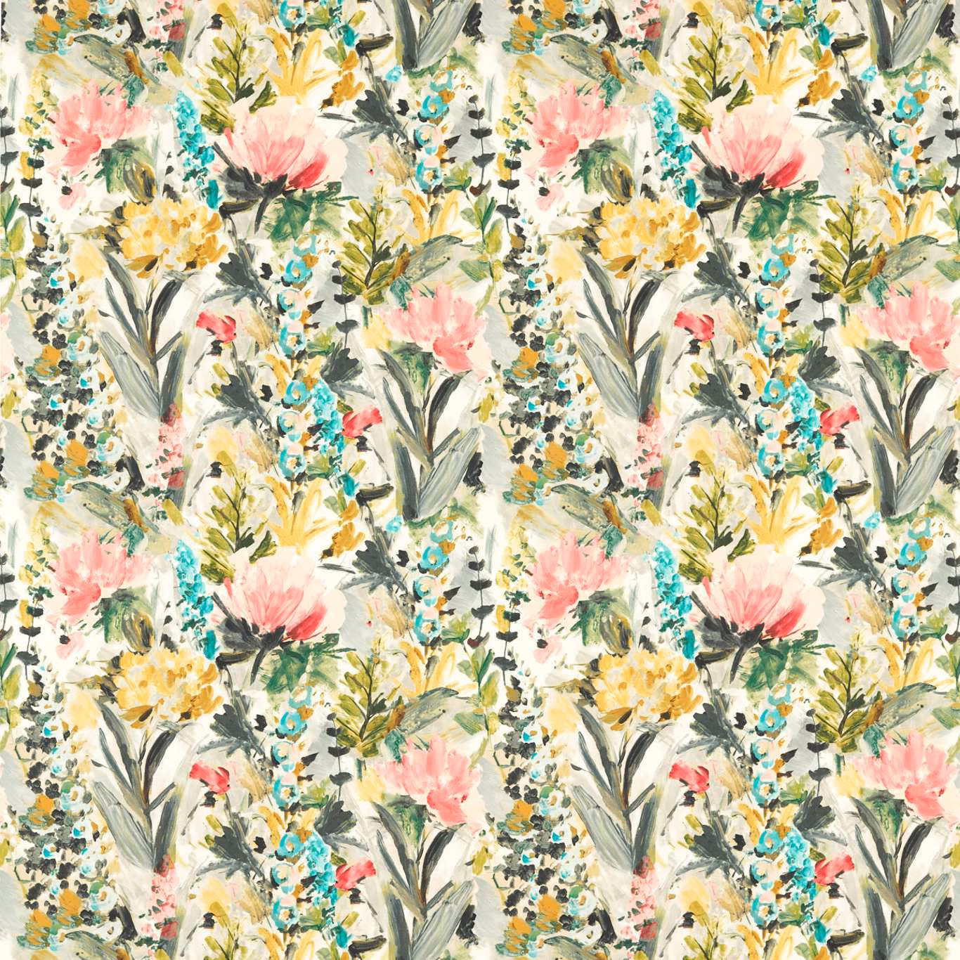 Cream floral repeat with coral peonies, yellow blooms, teal accents and painterly green leaves