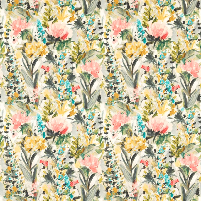 Cream floral repeat with coral peonies, yellow blooms, teal accents and painterly green leaves