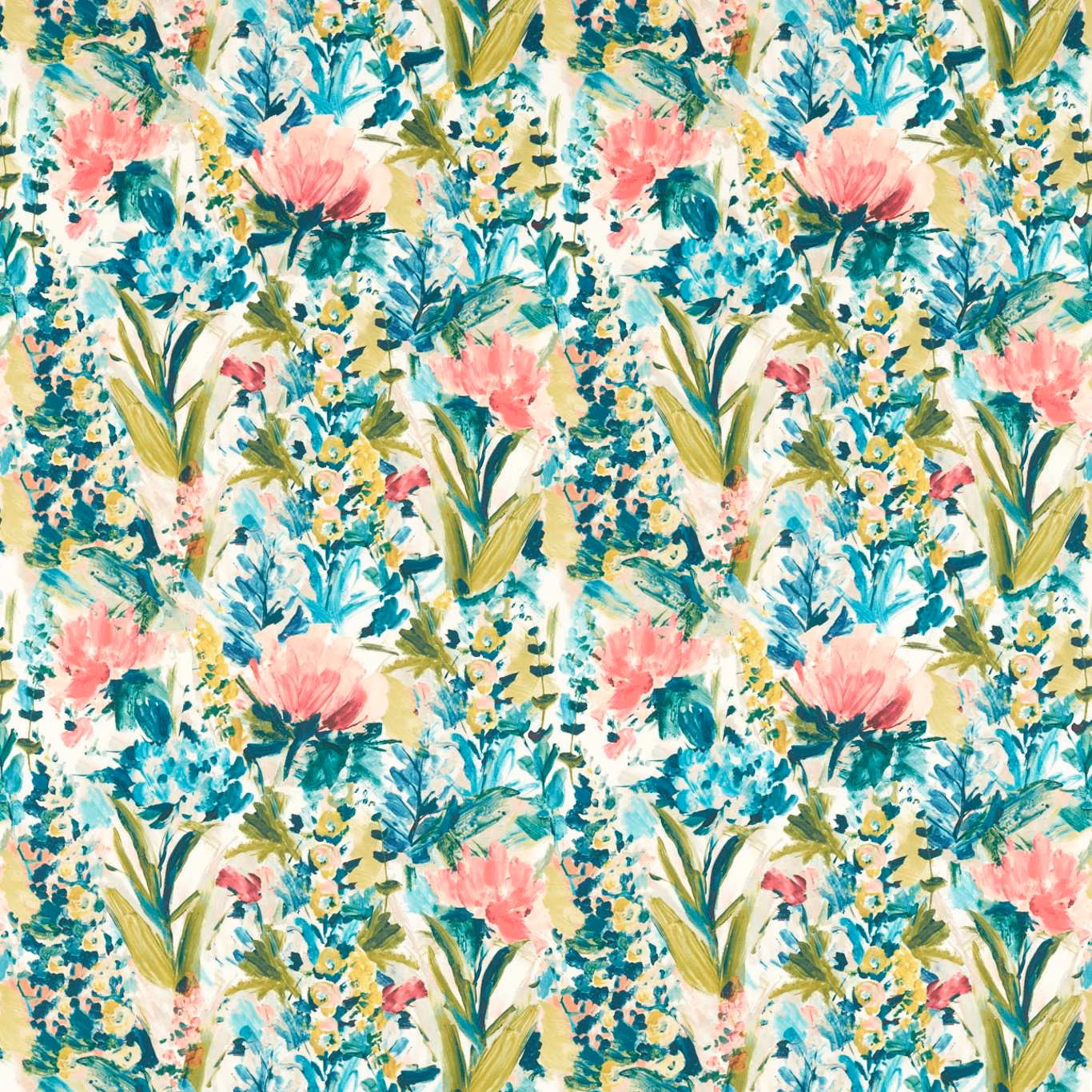 Painterly teal, coral and olive floral sprays across a warm ivory ground