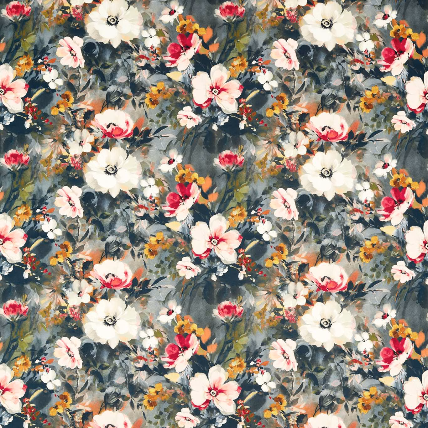 Noir velvet swatch with ivory, blush and red painterly flowers on a slate ground