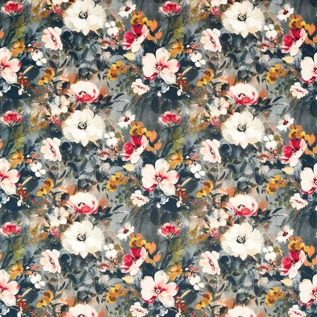Noir velvet swatch with ivory, blush and red painterly flowers on a slate ground