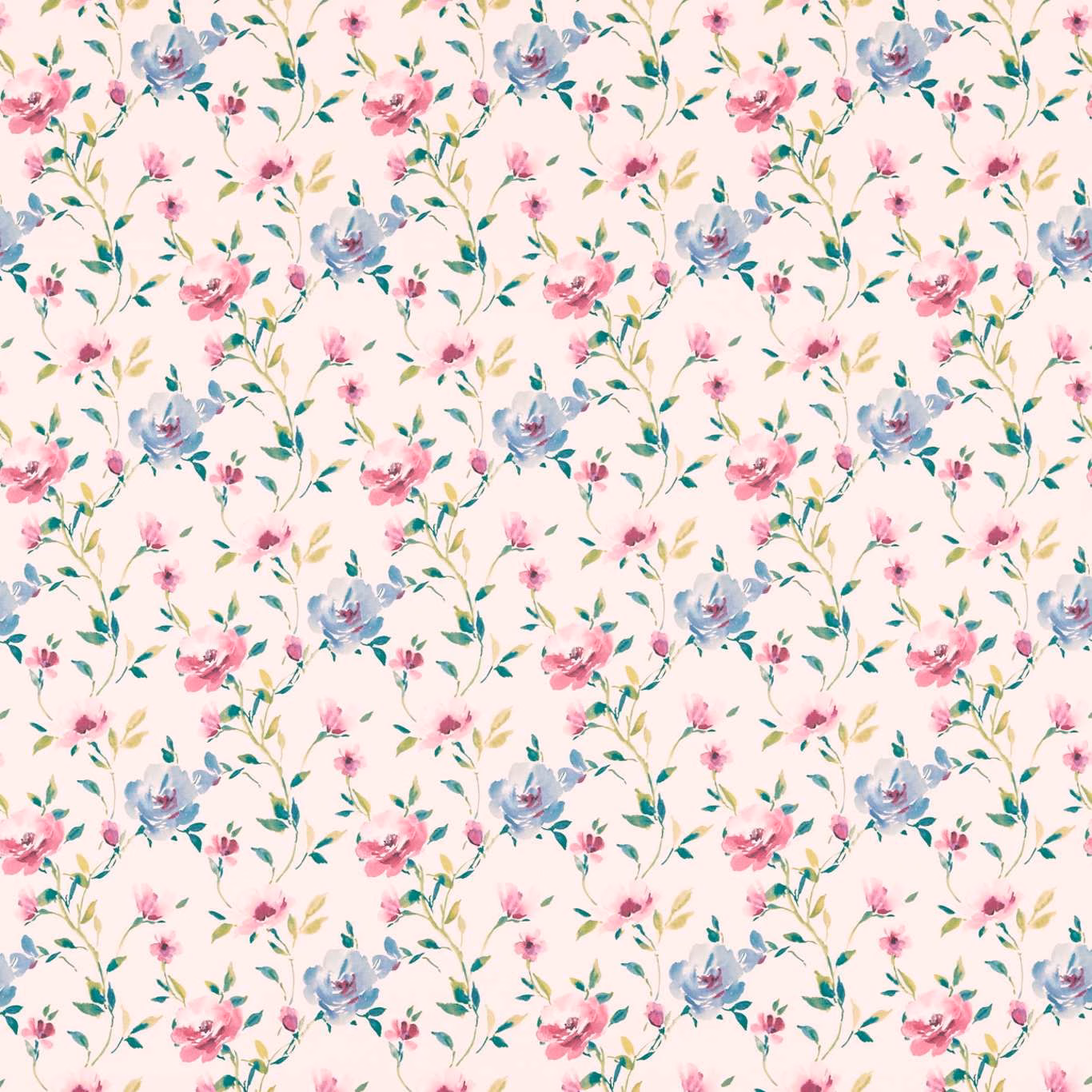 Serena Damson floral fabric with pink and blue blossoms on a cream ground