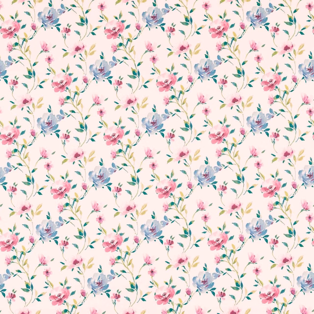 Serena Damson floral fabric with pink and blue blossoms on a cream ground