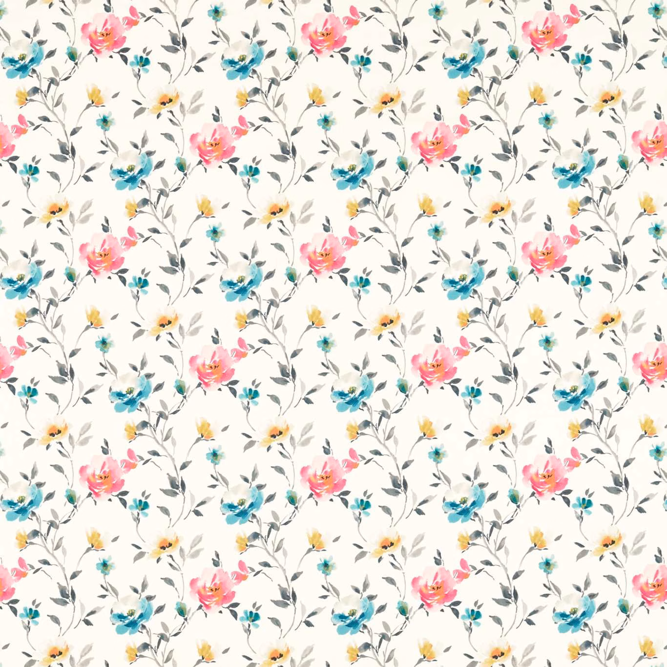 Ivory fabric with pink, teal, blue and yellow painterly flowers and grey foliage