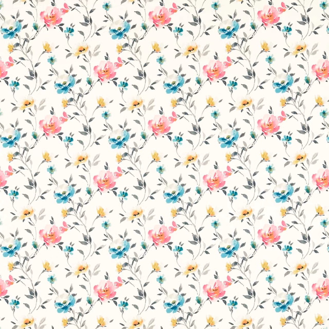 Ivory fabric with pink, teal, blue and yellow painterly flowers and grey foliage