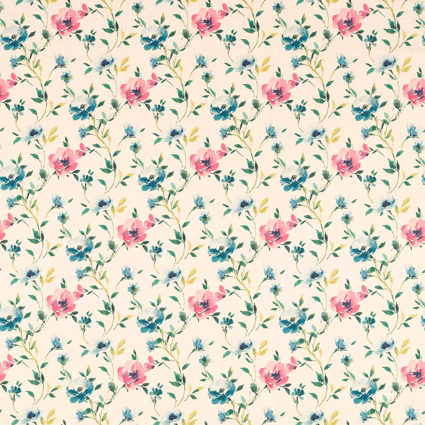 Cream floral fabric with coral blooms, teal flowers and delicate green trailing stems