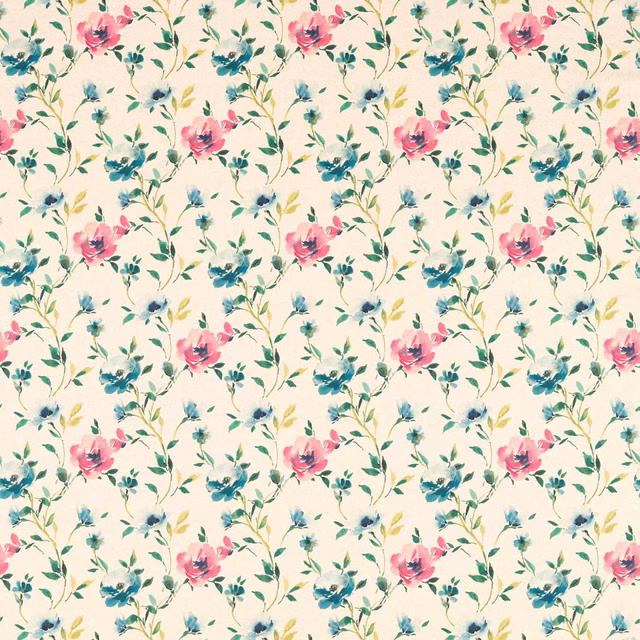 Cream floral fabric with coral blooms, teal flowers and delicate green trailing stems
