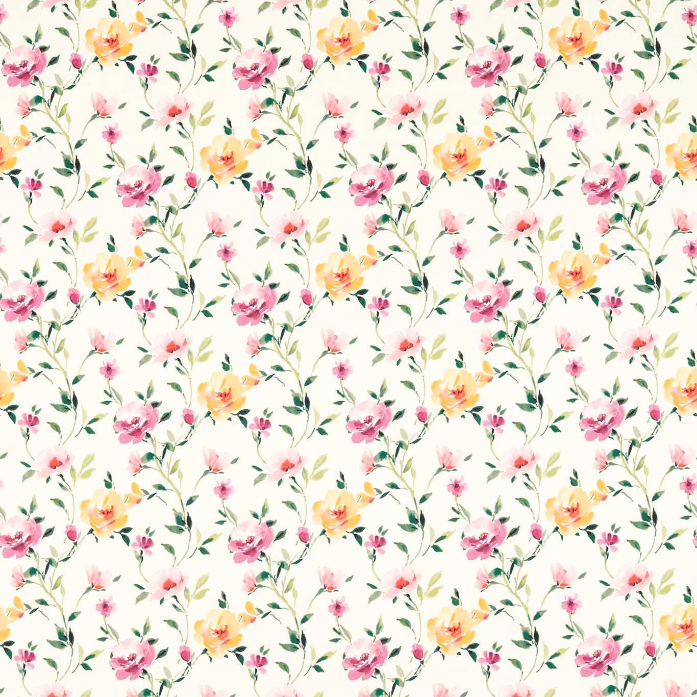 Ivory floral fabric with pink, yellow and coral blossoms and green curling stems