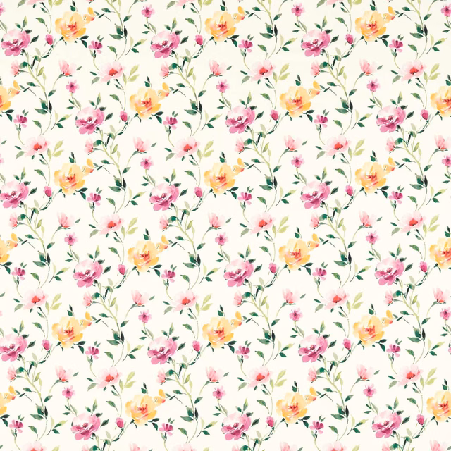 Ivory floral fabric with pink, yellow and coral blossoms and green curling stems