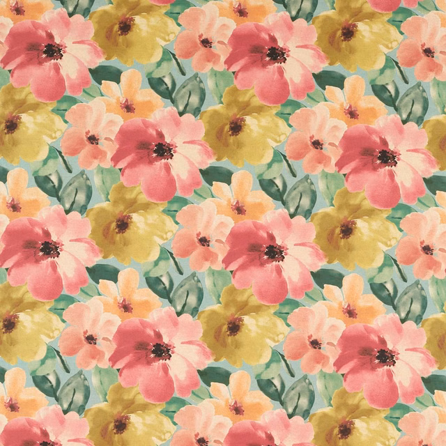 Coral, peach and mustard flowers with sage leaves on a pale mineral ground