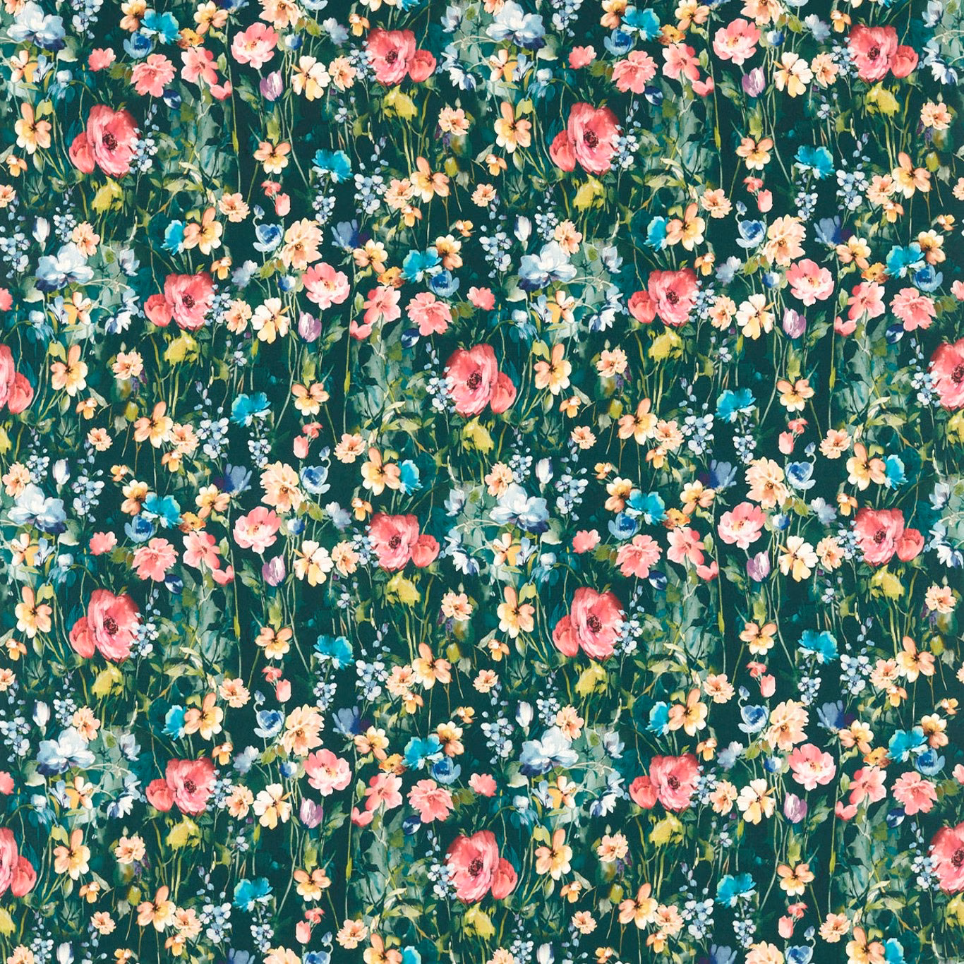 Deep teal floral fabric with painterly pink, yellow, white and blue meadow flowers