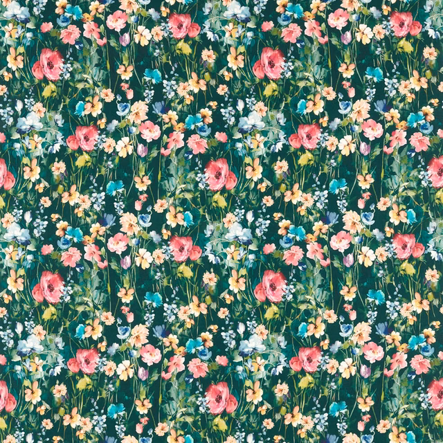 Deep teal floral fabric with painterly pink, yellow, white and blue meadow flowers