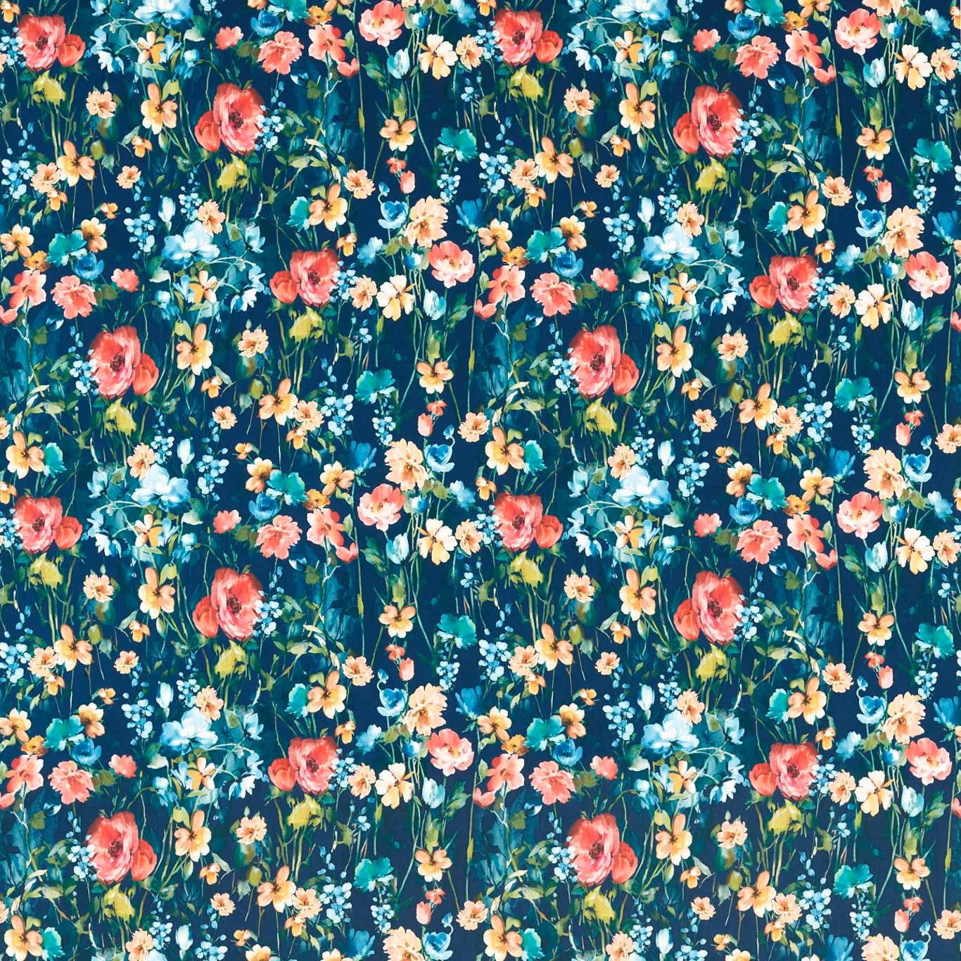 Midnight teal velvet with coral, peach, cream and turquoise meadow flowers