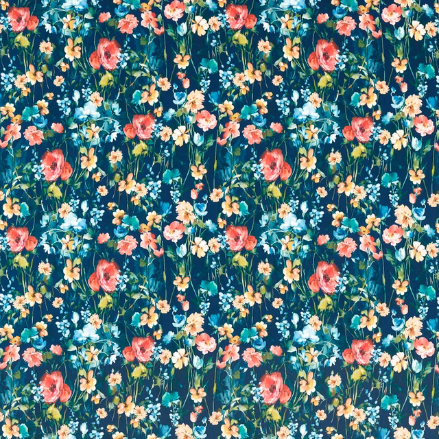 Midnight teal velvet with coral, peach, cream and turquoise meadow flowers