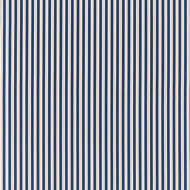 Navy and coral fine vertical stripes on a pale woven fabric ground