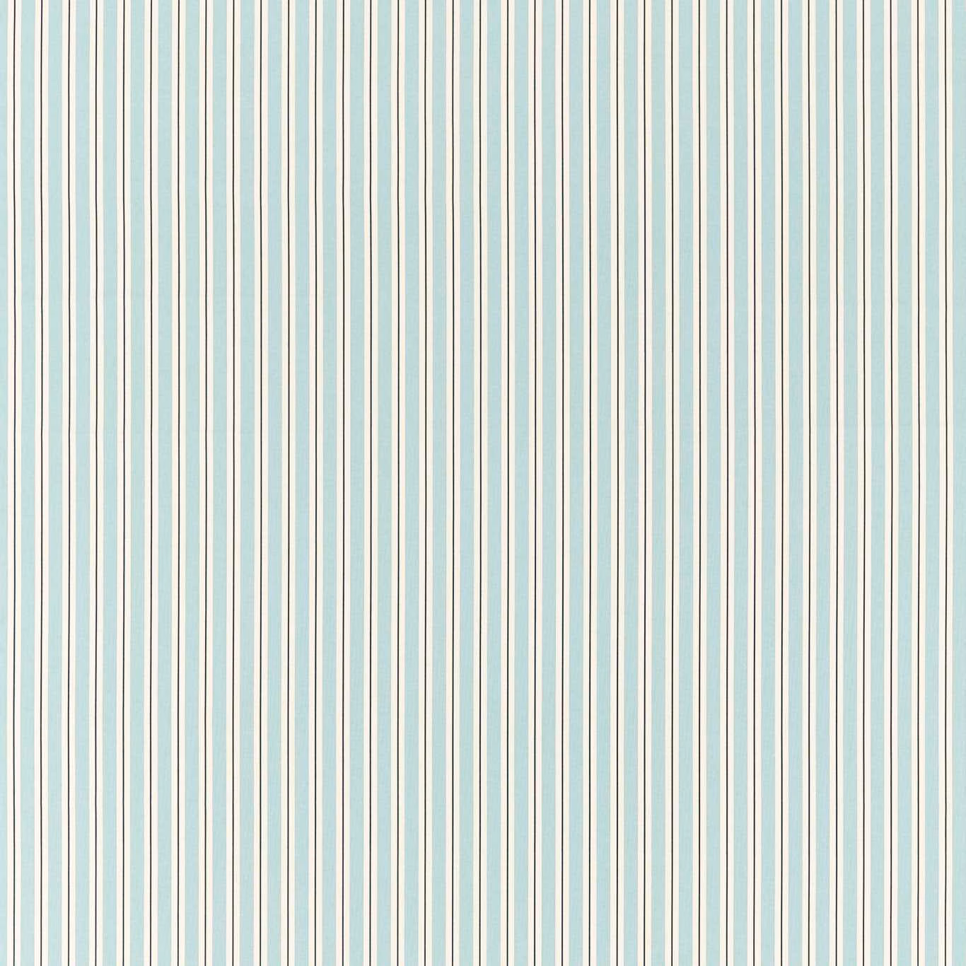Pale mineral-blue fabric with fine ivory and taupe vertical stripes and woven texture