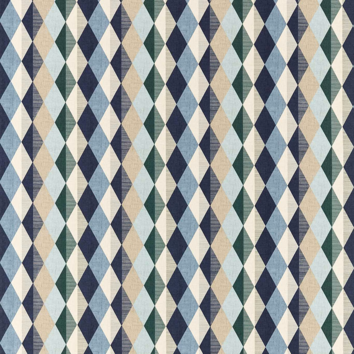 Woven mineral blue and navy diamond fabric with sage, cream and beige accents