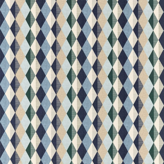 Woven mineral blue and navy diamond fabric with sage, cream and beige accents