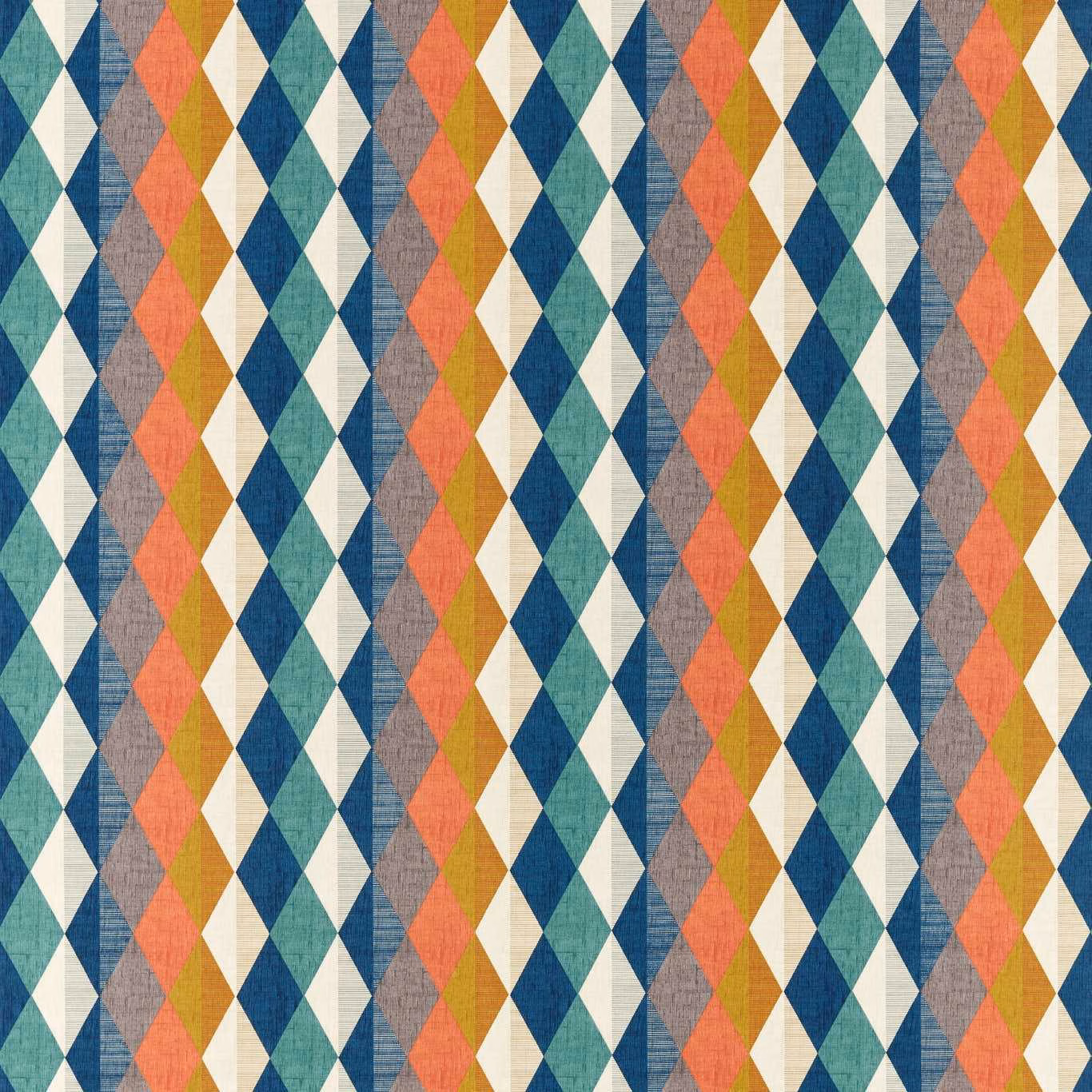 Teal, coral, ochre and cream diamond columns in a textured woven fabric