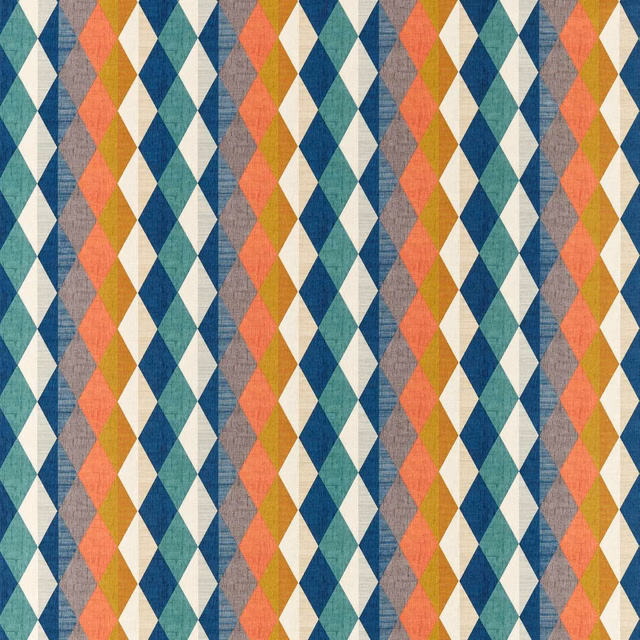Teal, coral, ochre and cream diamond columns in a textured woven fabric