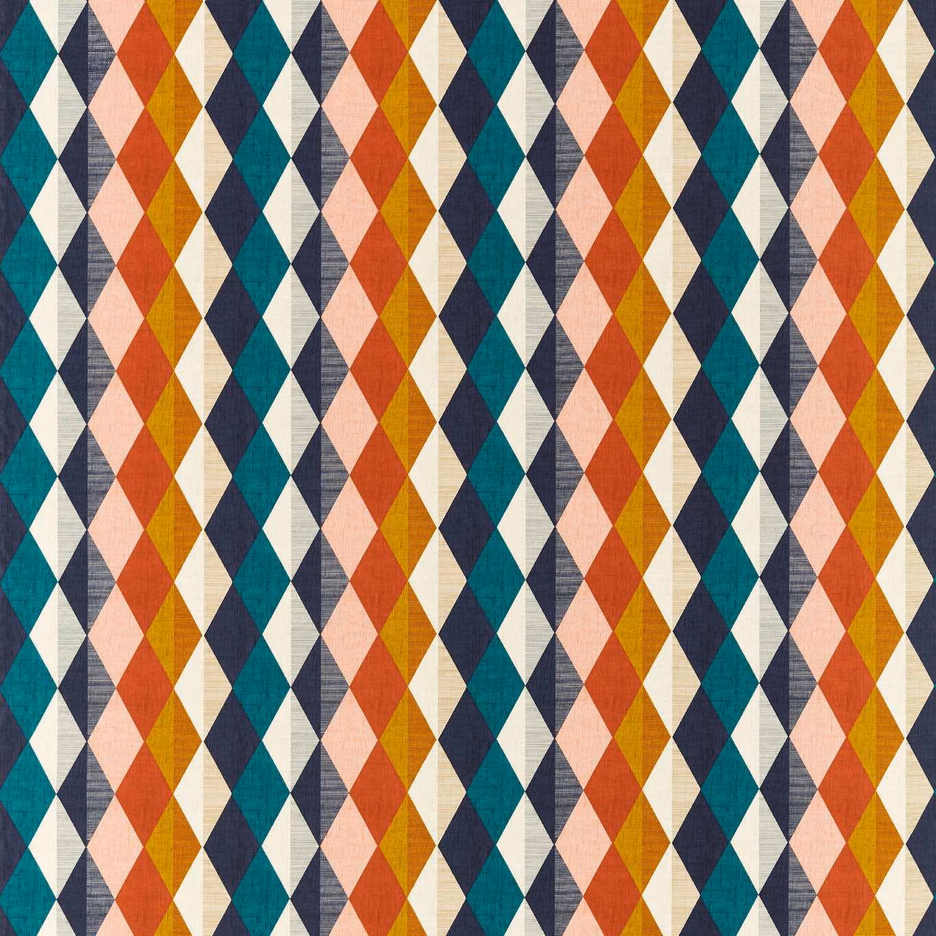 Teal, coral, mustard and ivory diamond stripes with a textured woven surface