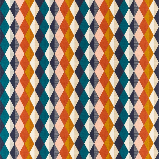 Teal, coral, mustard and ivory diamond stripes with a textured woven surface