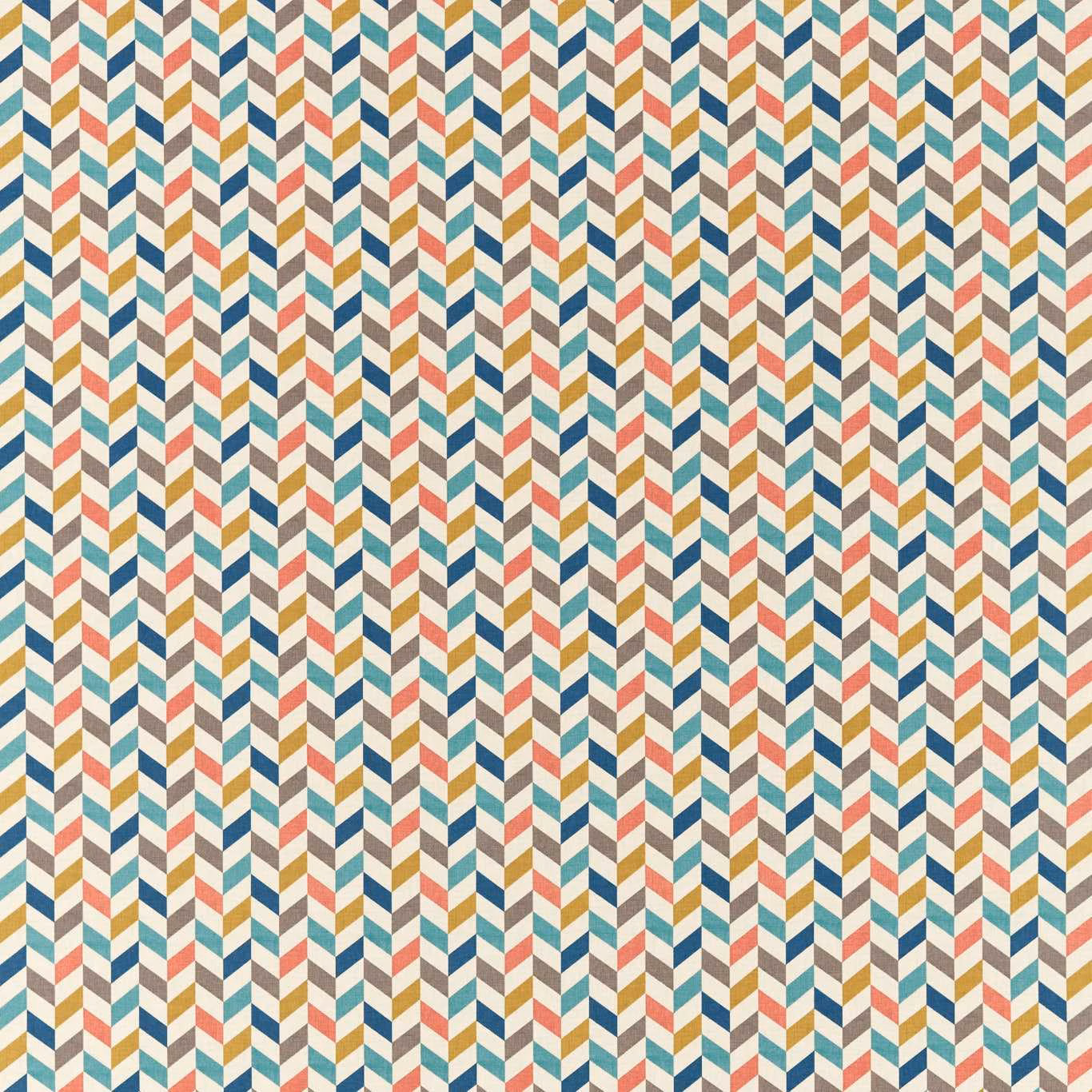 Muted teal, coral and mustard chevrons woven into narrow vertical zigzag columns