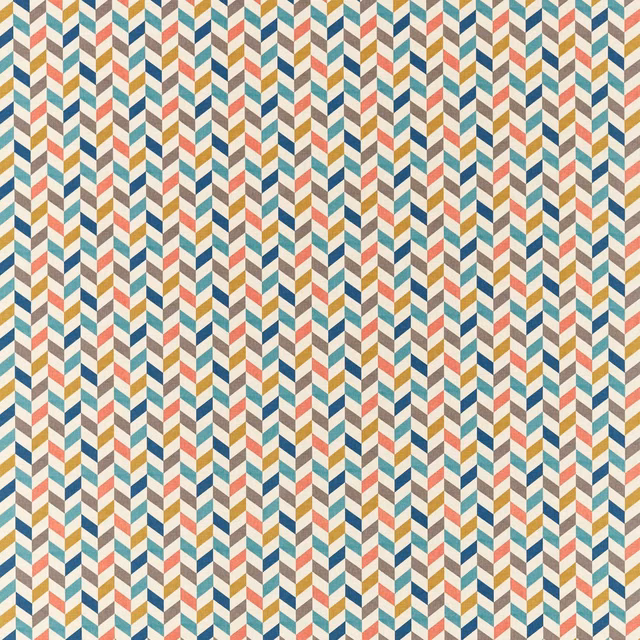 Muted teal, coral and mustard chevrons woven into narrow vertical zigzag columns